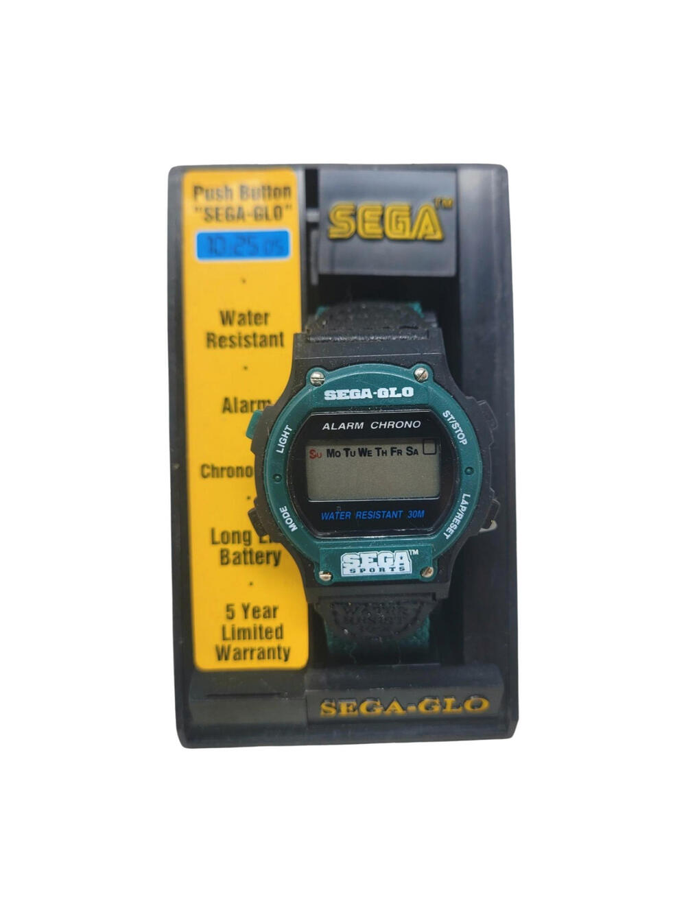 VINTAGE SEGA SPORTS GLOW DIAL WRIST WATCH NOS GENESIS Black Green Water Resis
